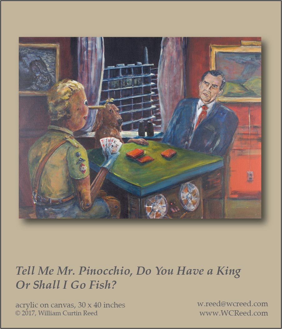 Tell Me Mr. Pinocchio, Do You Have a King or Shall I Go Fish?, an original Painting by William Reed, Acrylic on Canvas, 30 x 40